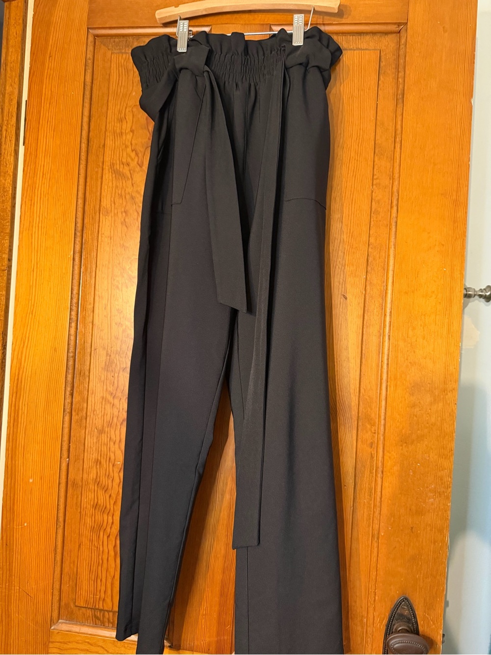 Grace Karin Black High-Waist Wide Leg Paperbag Pants with Tie